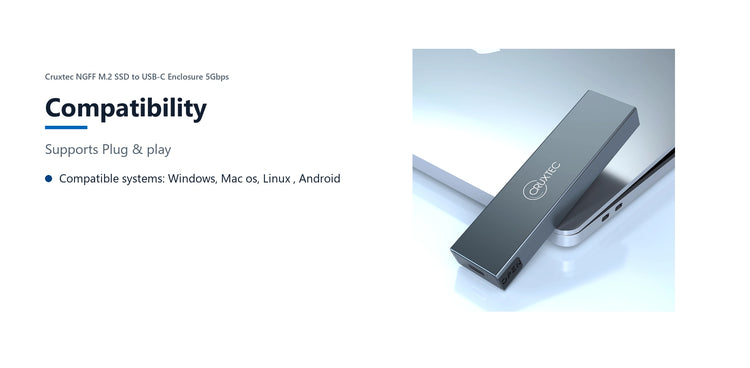 Cruxtec NGFF M.2 SSD to USB-C Enclosure 5Gbps compatibility detail image with verified product information