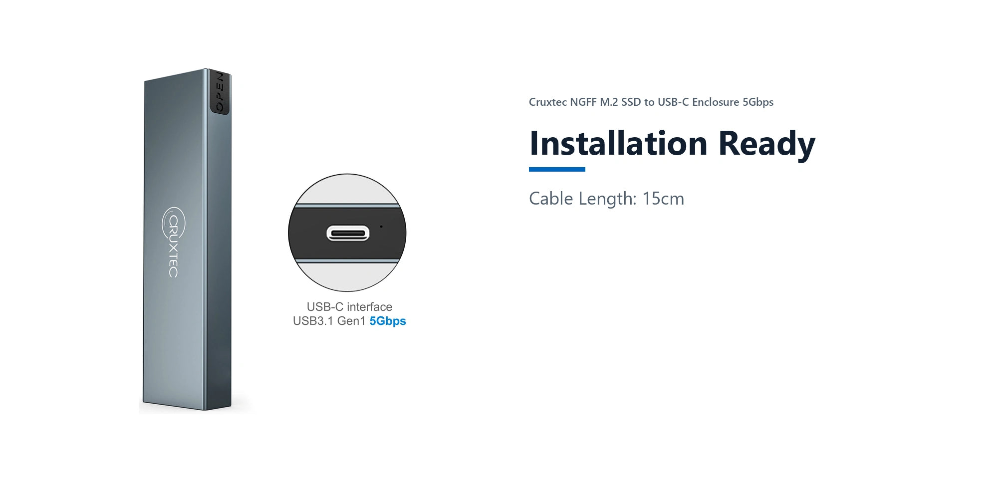 Cruxtec NGFF M.2 SSD to USB-C Enclosure 5Gbps installation ready detail image with verified product information