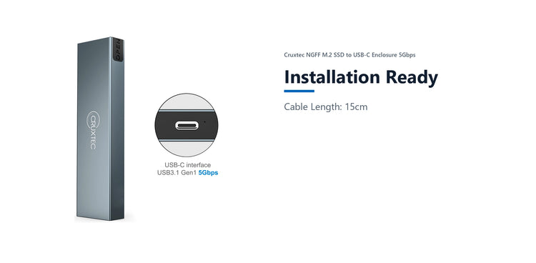 Cruxtec NGFF M.2 SSD to USB-C Enclosure 5Gbps installation ready detail image with verified product information