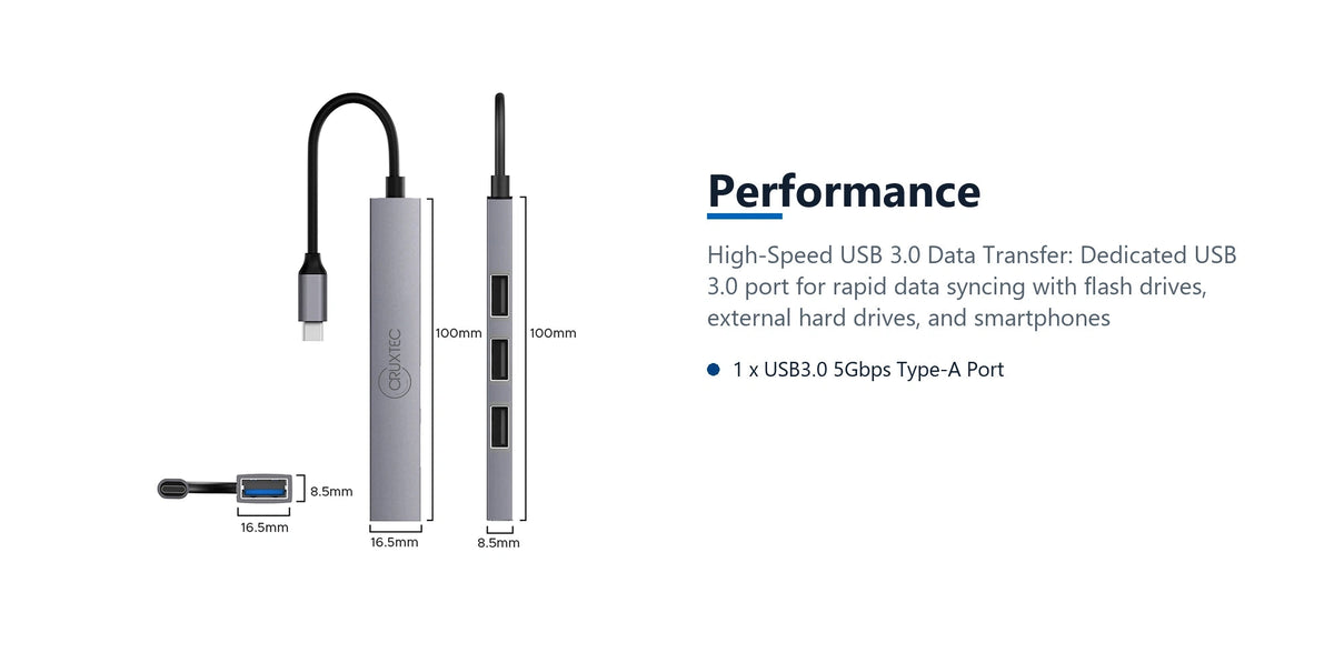 Cruxtec 4-Port High-Speed USB-C 3.0 Ultra-Slim Hub performance detail image with verified product information