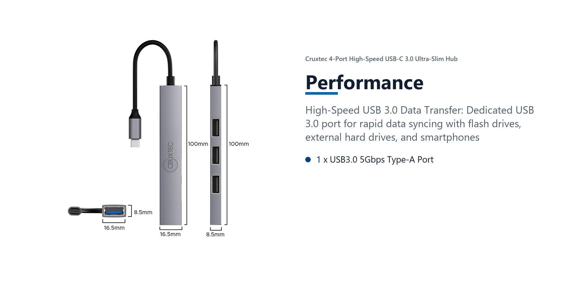 Cruxtec 4-Port High-Speed USB-C 3.0 Ultra-Slim Hub performance detail image with verified product information