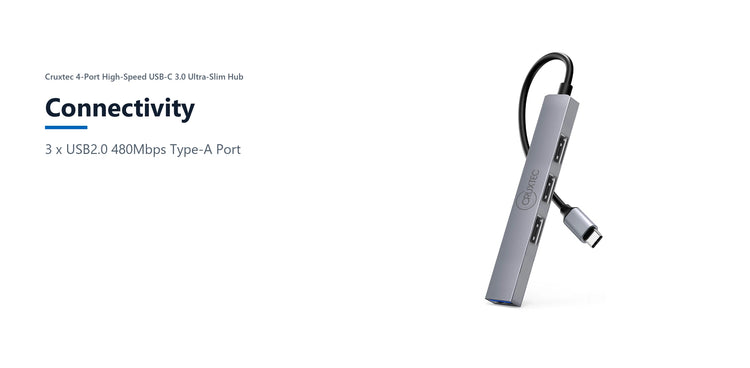 Cruxtec 4-Port High-Speed USB-C 3.0 Ultra-Slim Hub connectivity detail image with verified product information