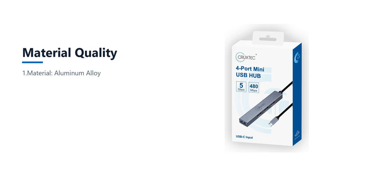 Cruxtec 4-Port High-Speed USB-C 3.0 Ultra-Slim Hub material quality detail image with verified product information