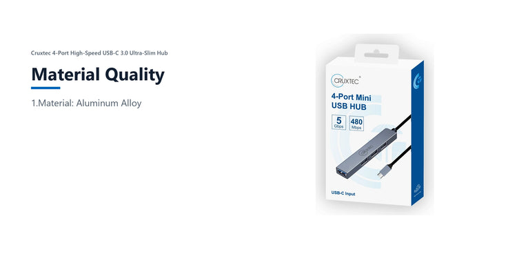 Cruxtec 4-Port High-Speed USB-C 3.0 Ultra-Slim Hub material quality detail image with verified product information