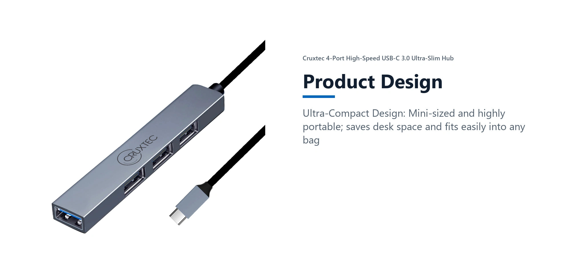 Cruxtec 4-Port High-Speed USB-C 3.0 Ultra-Slim Hub product design detail image with verified product information