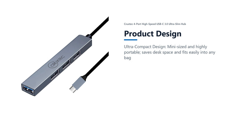 Cruxtec 4-Port High-Speed USB-C 3.0 Ultra-Slim Hub product design detail image with verified product information