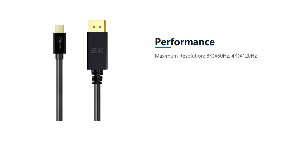 Cruxtec Mini DisplayPort to DisplayPort Cable 8K@60Hz / 4K@120Hz (Black 1m) performance detail image with verified product information