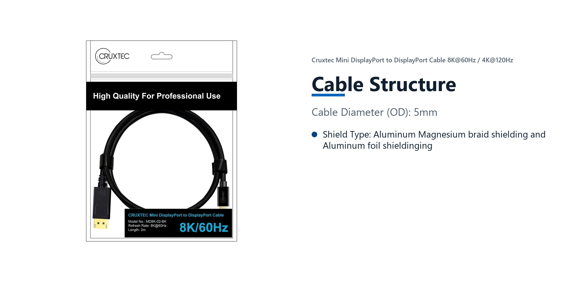 Cruxtec Mini DisplayPort to DisplayPort Cable 8K@60Hz / 4K@120Hz (Black 1m) cable structure detail image with verified product information