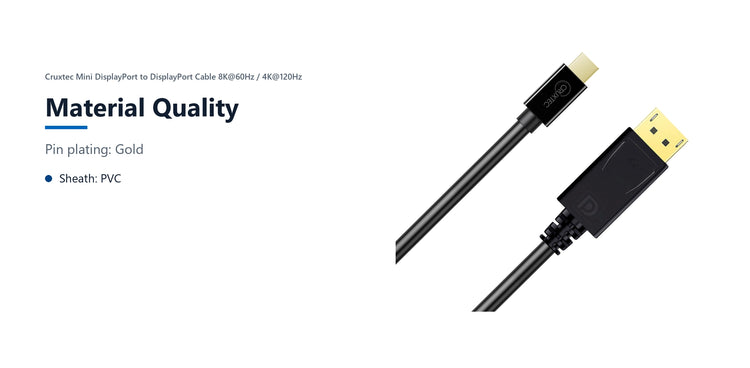 Cruxtec Mini DisplayPort to DisplayPort Cable 8K@60Hz / 4K@120Hz (Black 1m) material quality detail image with verified product information