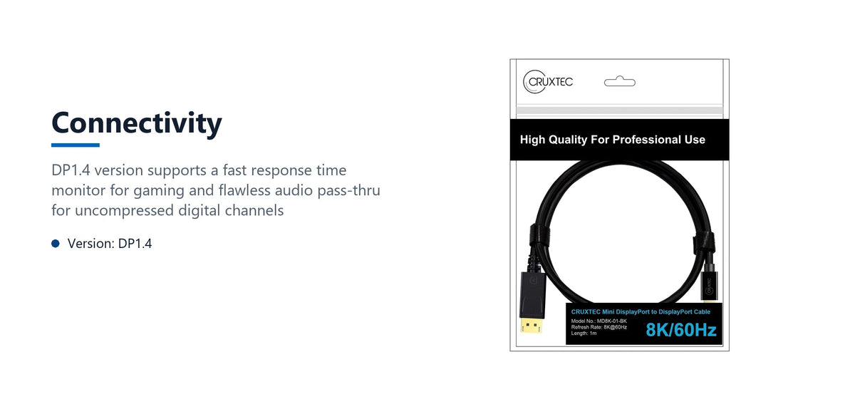 Cruxtec Mini DisplayPort to DisplayPort Cable 8K@60Hz / 4K@120Hz (Black 2m) connectivity detail image with verified product information