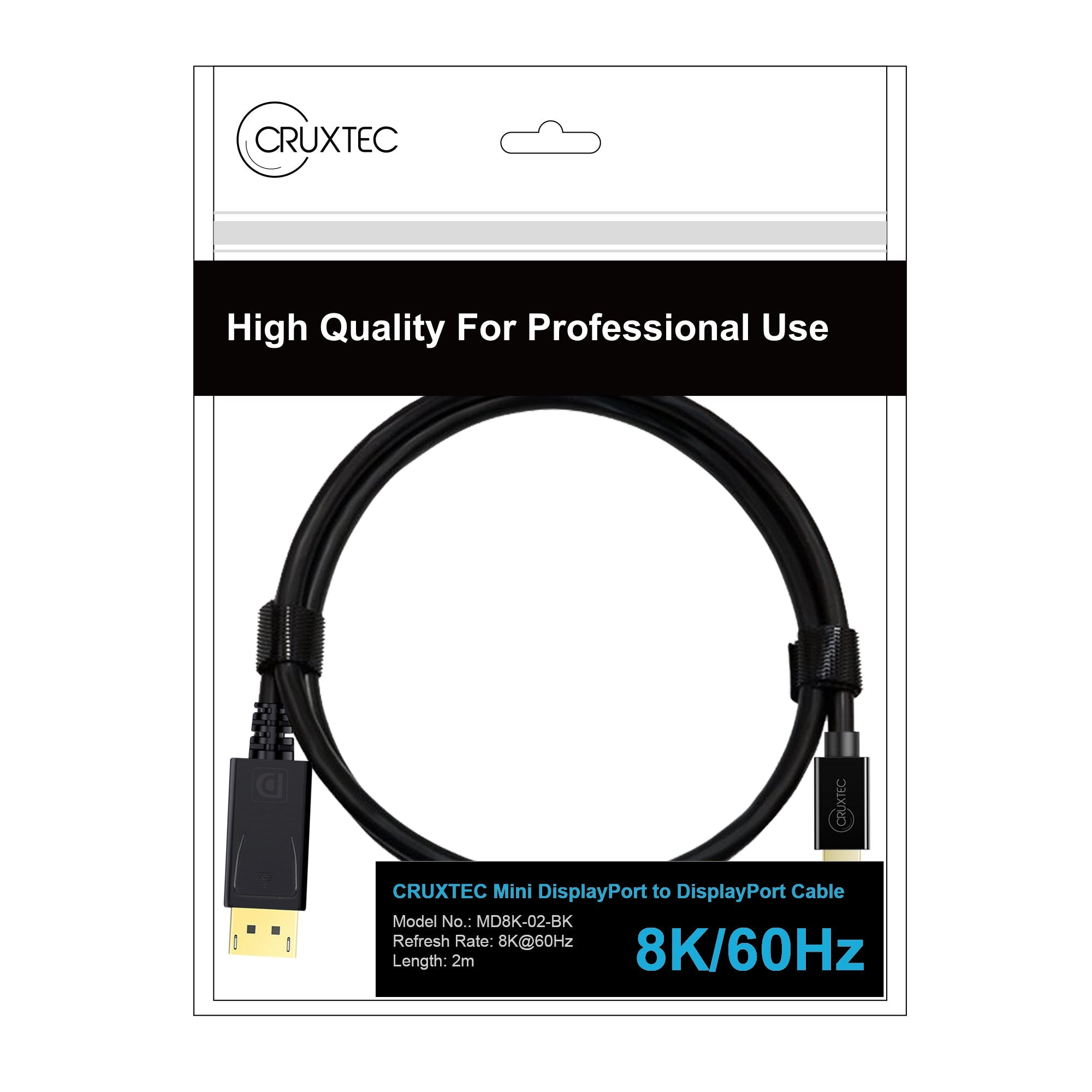 Cruxtec Mini DisplayPort to DisplayPort Cable 8K@60Hz / 4K@120Hz (Black 2m) image