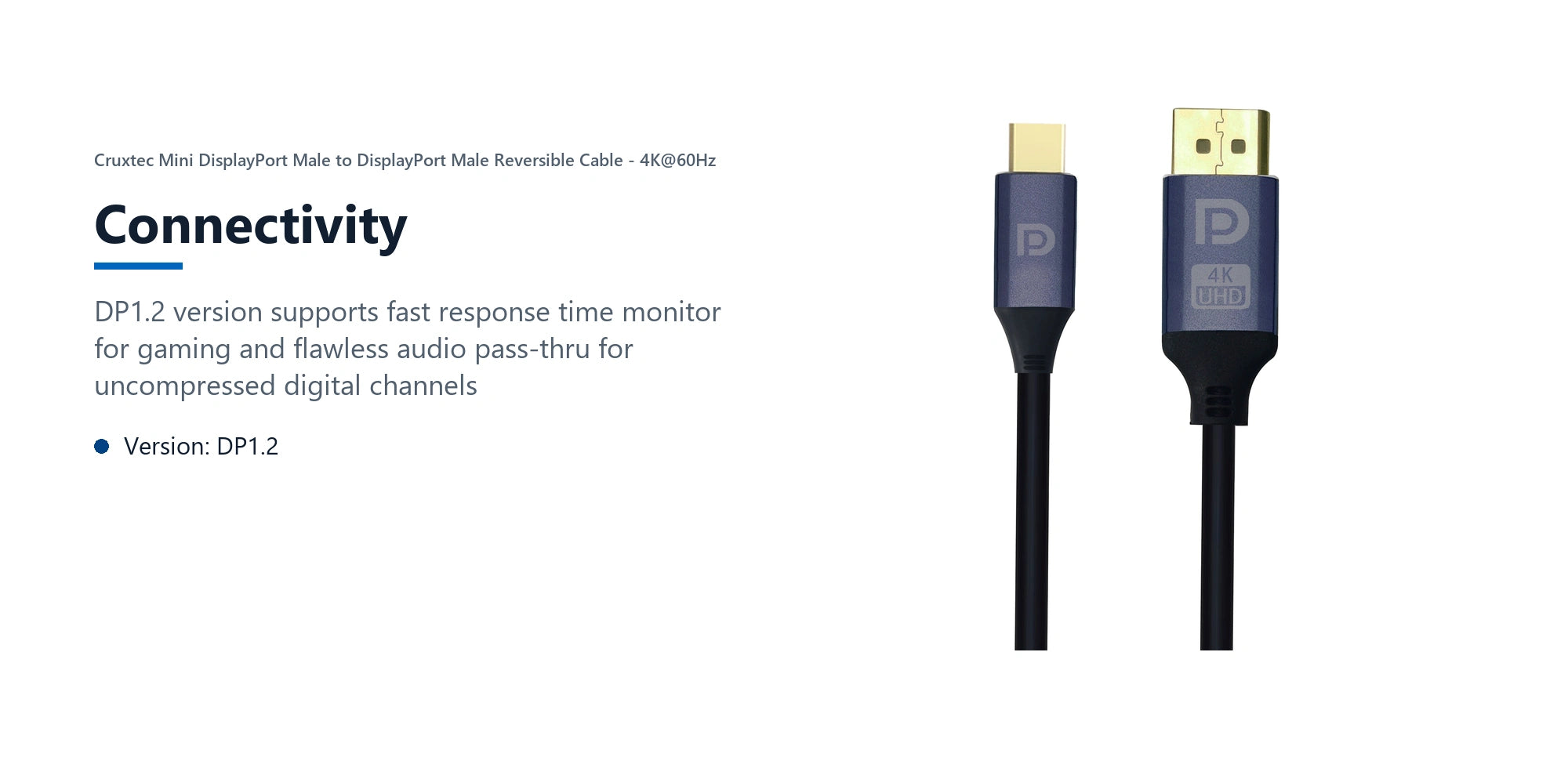 Cruxtec Mini DisplayPort Male to DisplayPort Male Reversible Cable - 4K@60Hz (Black 2m) connectivity detail image with verified product information