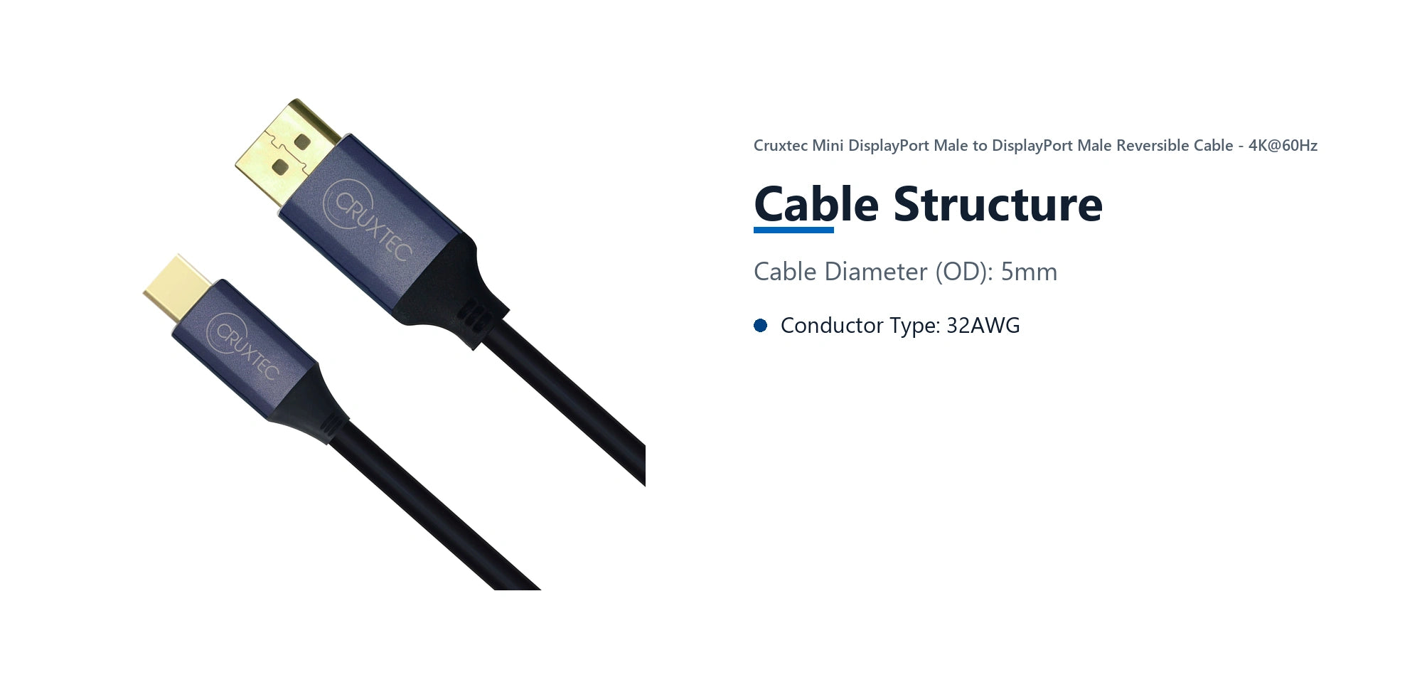 Cruxtec Mini DisplayPort Male to DisplayPort Male Reversible Cable - 4K@60Hz (Black 2m) cable structure detail image with verified product information