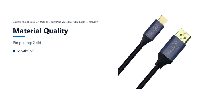 Cruxtec Mini DisplayPort Male to DisplayPort Male Reversible Cable - 4K@60Hz (Black 2m) material quality detail image with verified product information