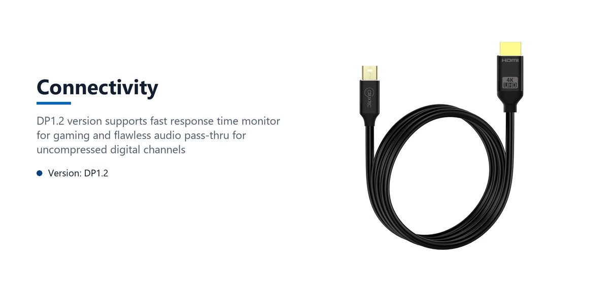 Cruxtec Mini DisplayPort Male to HDMI Male Cable - 4K@30Hz (Black 2m) connectivity detail image with verified product information