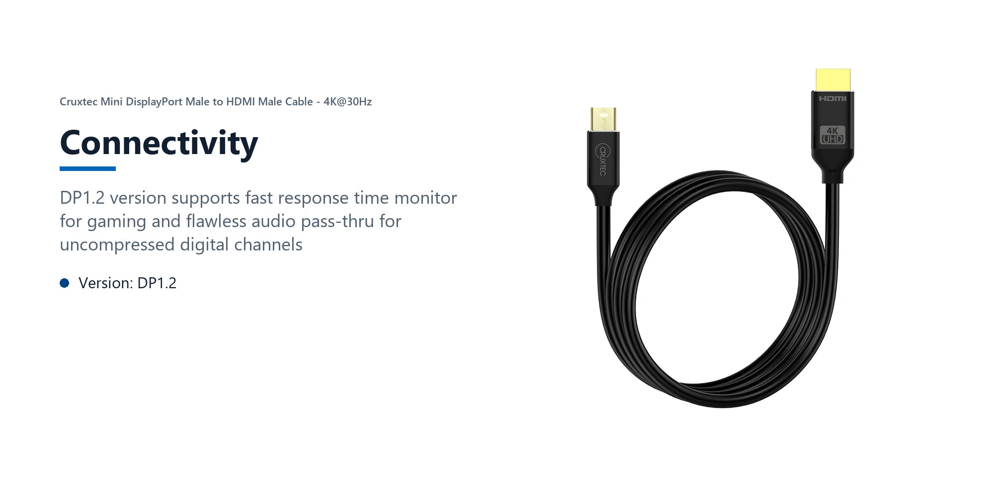 Cruxtec Mini DisplayPort Male to HDMI Male Cable - 4K@30Hz (Black 2m) connectivity detail image with verified product information