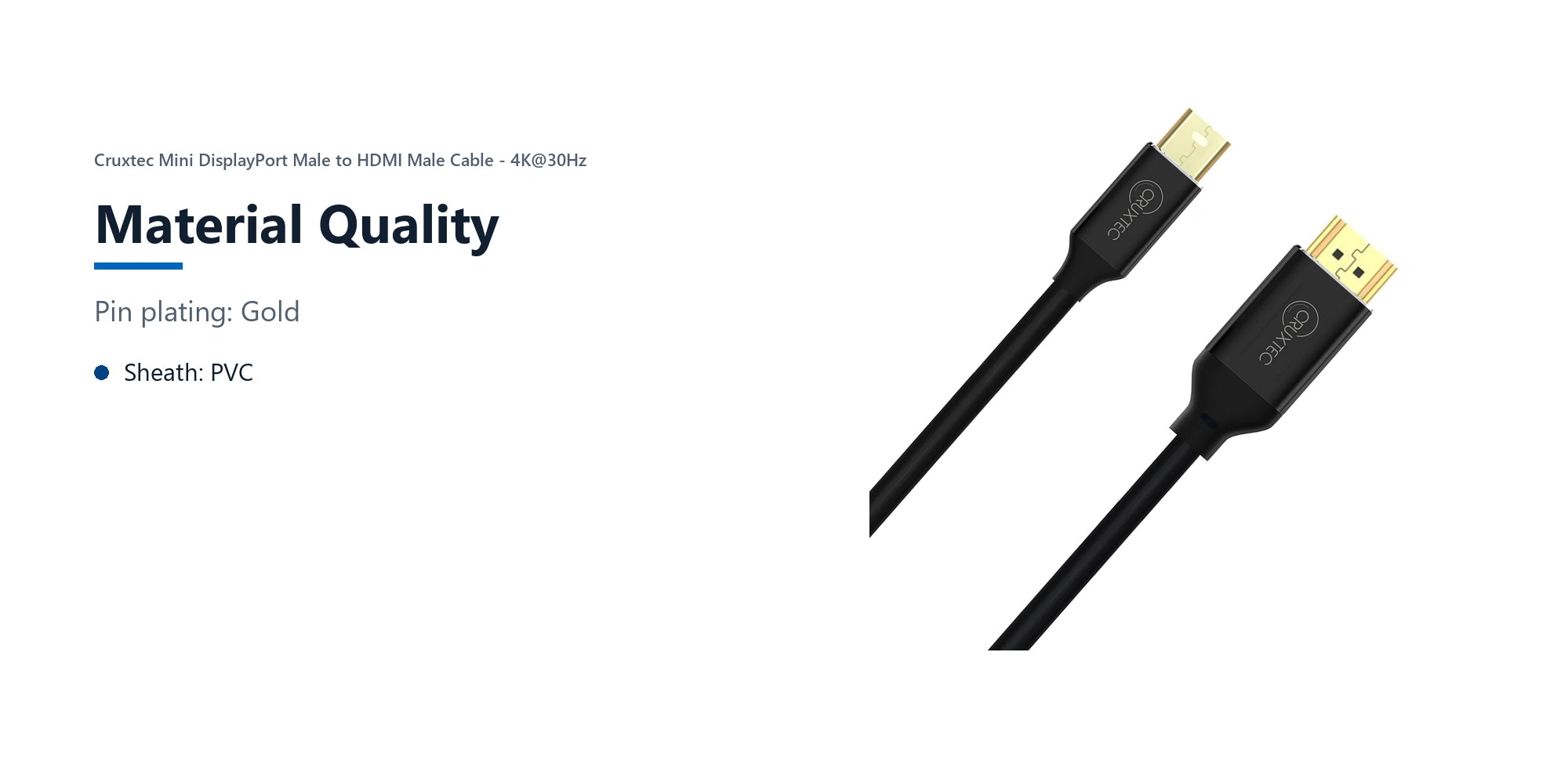 Cruxtec Mini DisplayPort Male to HDMI Male Cable - 4K@30Hz (Black 2m) material quality detail image with verified product information
