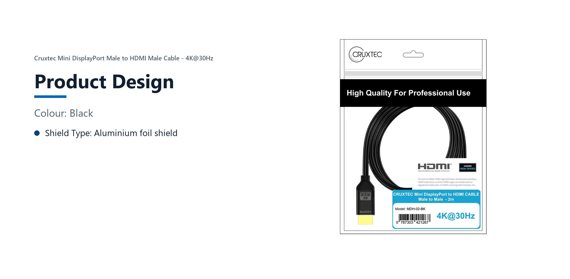 Cruxtec Mini DisplayPort Male to HDMI Male Cable - 4K@30Hz (Black 2m) product design detail image with verified product information