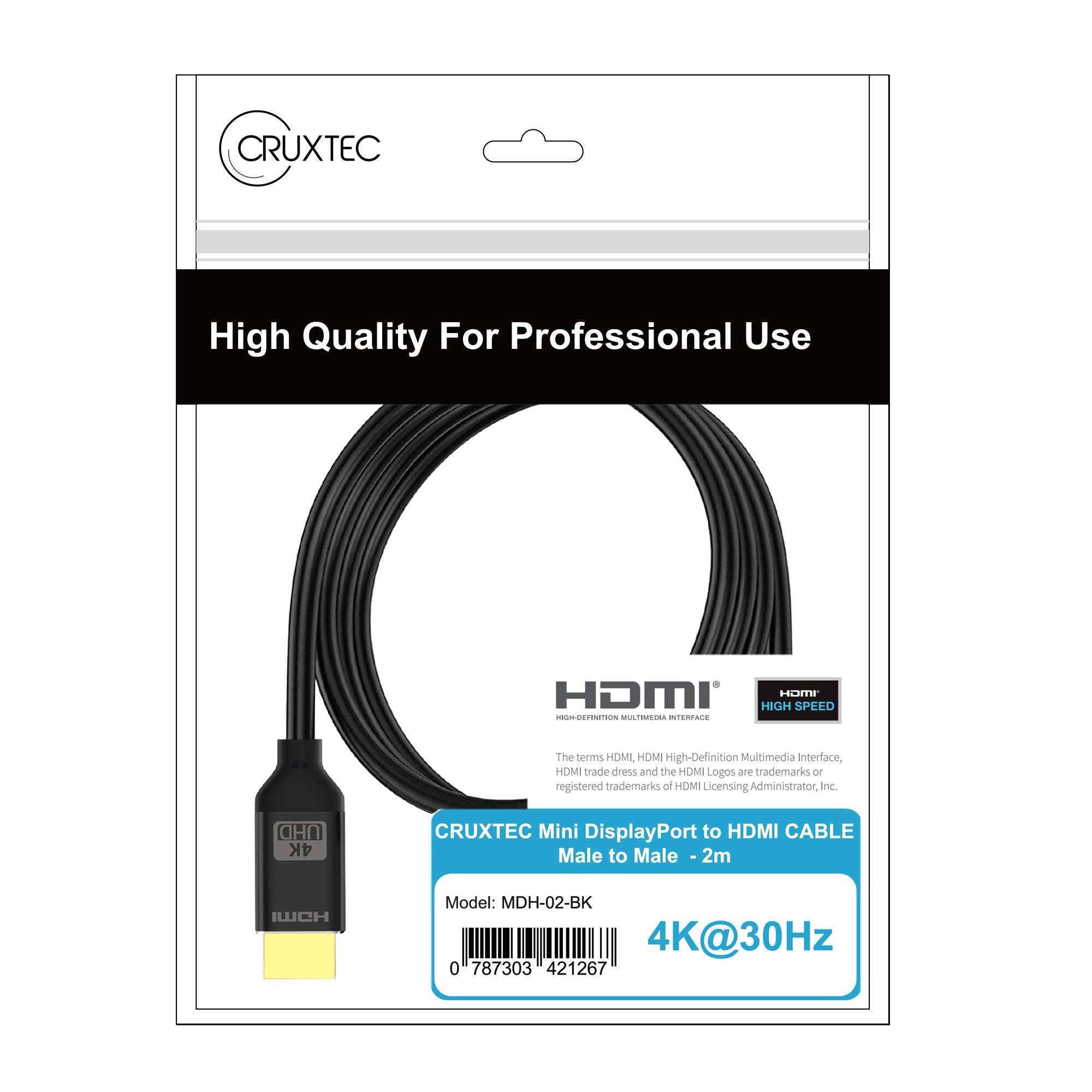 Cruxtec Mini DisplayPort Male to HDMI Male Cable - 4K@30Hz (Black 2m) image