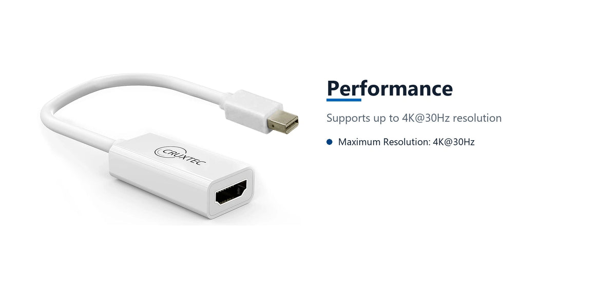 Cruxtec Mini DisplayPort Male to HDMI Female Cable Adapter 4K@30Hz (20cm) performance detail image with verified product information