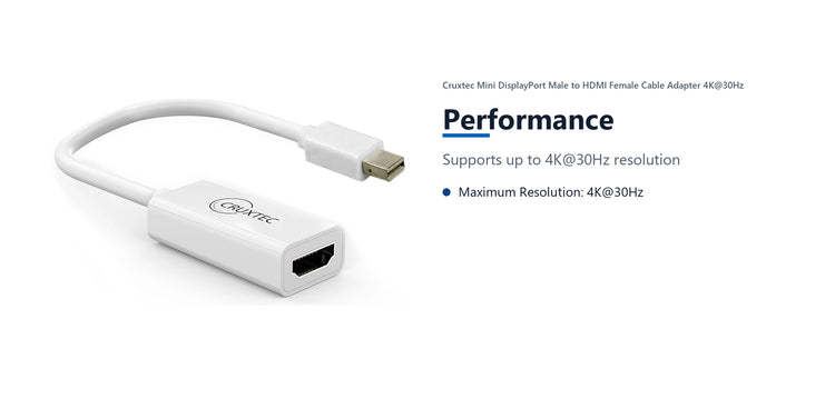 Cruxtec Mini DisplayPort Male to HDMI Female Cable Adapter 4K@30Hz (20cm) performance detail image with verified product information