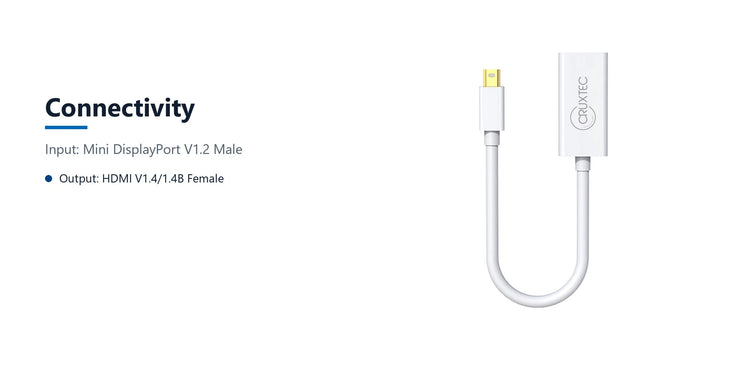 Cruxtec Mini DisplayPort Male to HDMI Female Cable Adapter 4K@30Hz (20cm) connectivity detail image with verified product information