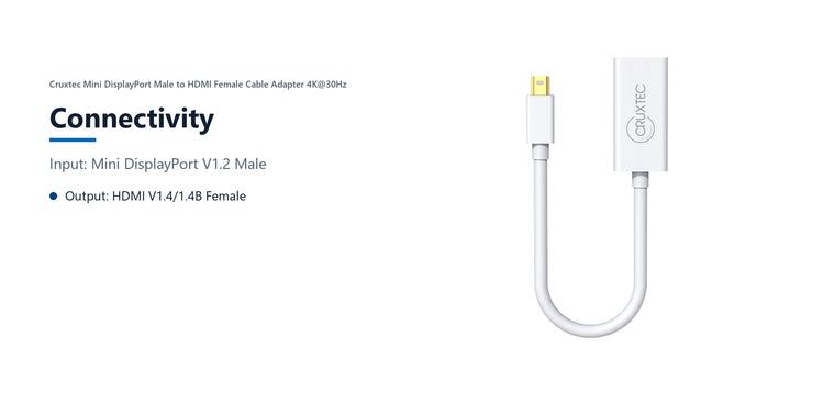 Cruxtec Mini DisplayPort Male to HDMI Female Cable Adapter 4K@30Hz (20cm) connectivity detail image with verified product information
