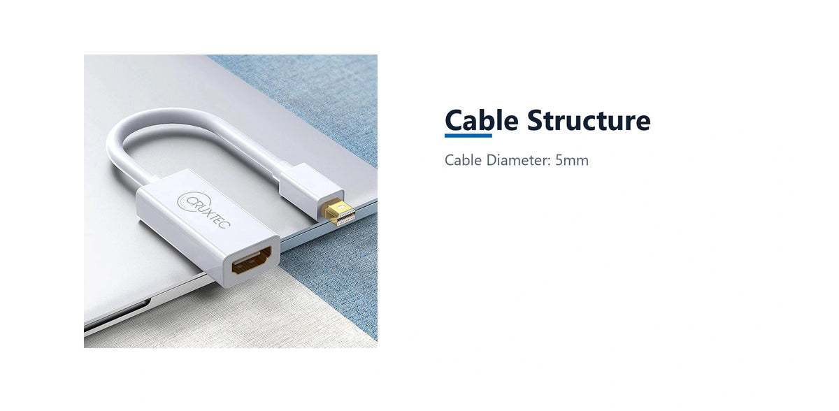 Cruxtec Mini DisplayPort Male to HDMI Female Cable Adapter 4K@30Hz (20cm) cable structure detail image with verified product information