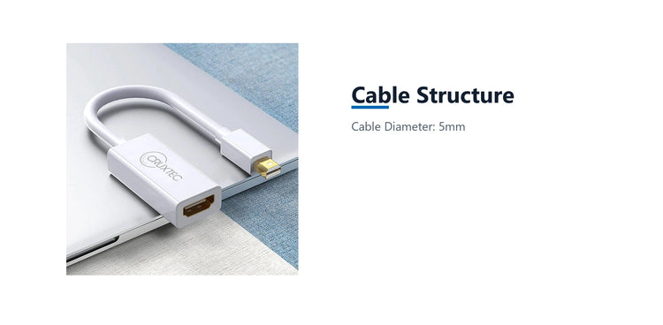 Cruxtec Mini DisplayPort Male to HDMI Female Cable Adapter 4K@30Hz (20cm) cable structure detail image with verified product information