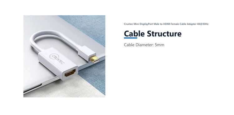 Cruxtec Mini DisplayPort Male to HDMI Female Cable Adapter 4K@30Hz (20cm) cable structure detail image with verified product information
