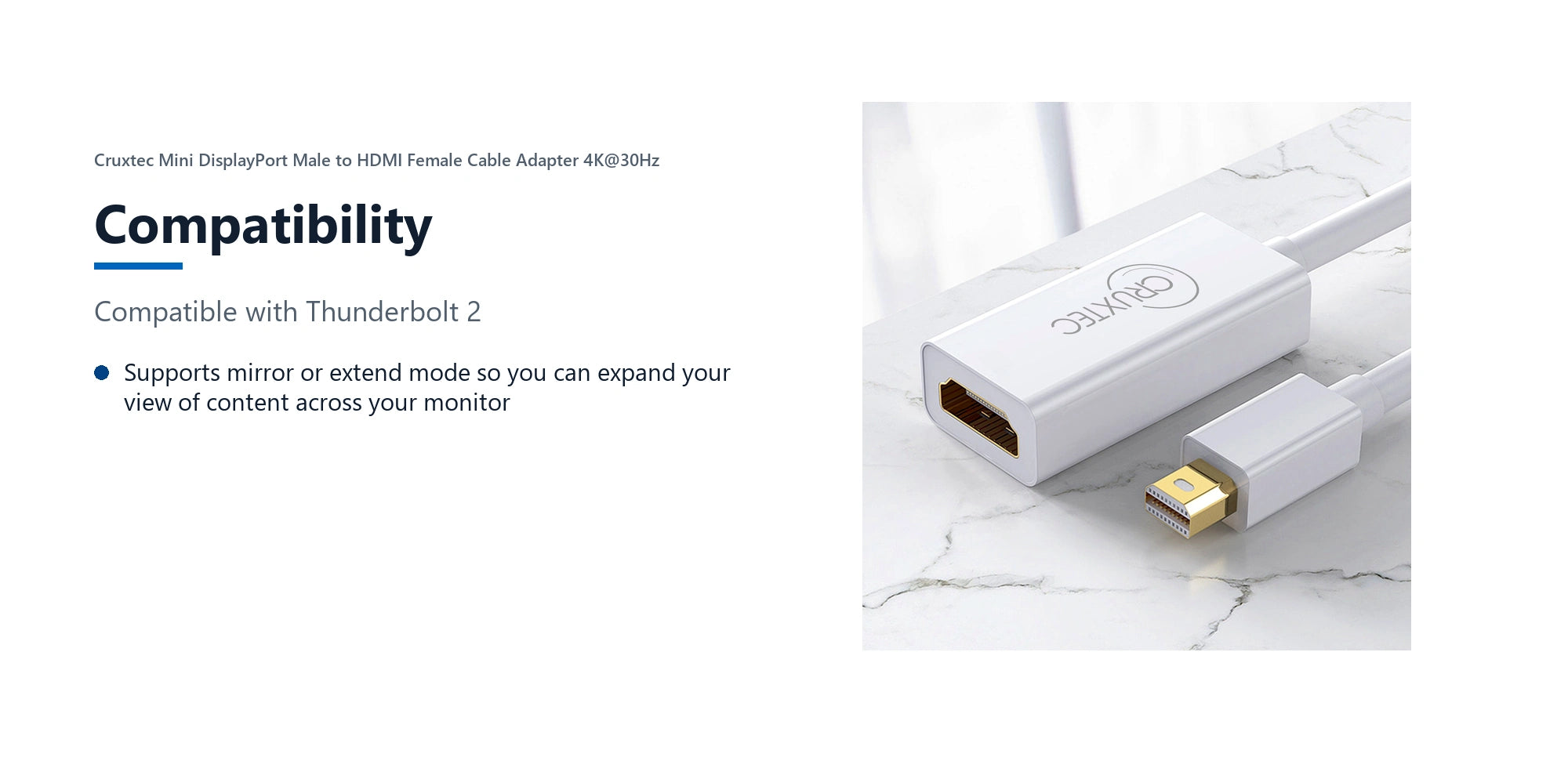 Cruxtec Mini DisplayPort Male to HDMI Female Cable Adapter 4K@30Hz (20cm) compatibility detail image with verified product information
