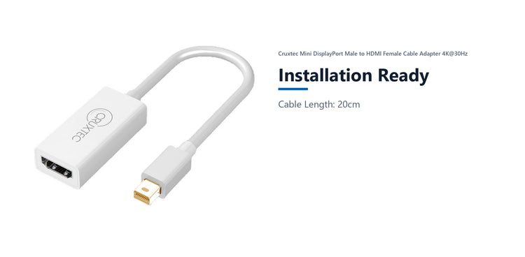 Cruxtec Mini DisplayPort Male to HDMI Female Cable Adapter 4K@30Hz (20cm) installation ready detail image with verified product information