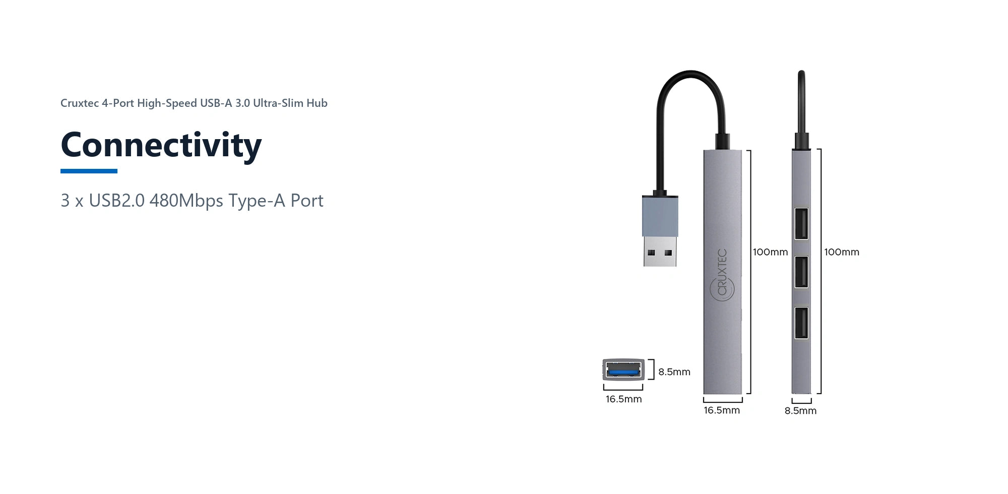 Cruxtec 4-Port High-Speed USB-A 3.0 Ultra-Slim Hub connectivity detail image with verified product information