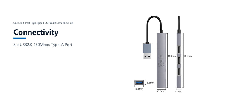 Cruxtec 4-Port High-Speed USB-A 3.0 Ultra-Slim Hub connectivity detail image with verified product information