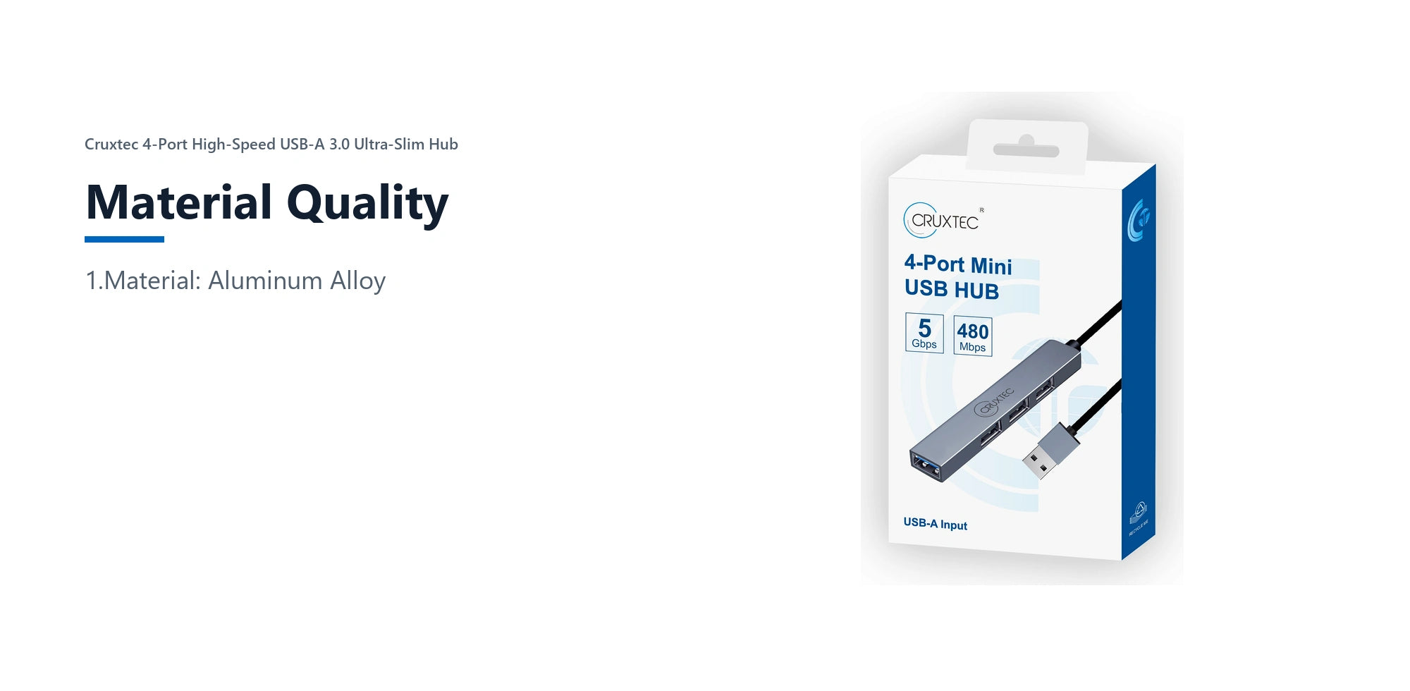 Cruxtec 4-Port High-Speed USB-A 3.0 Ultra-Slim Hub material quality detail image with verified product information