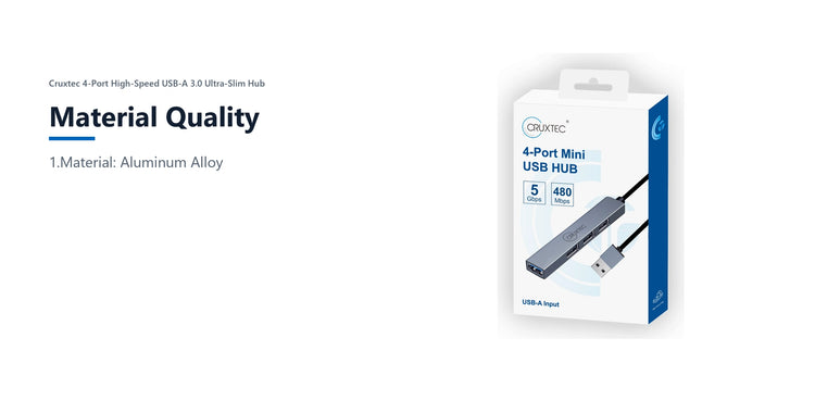 Cruxtec 4-Port High-Speed USB-A 3.0 Ultra-Slim Hub material quality detail image with verified product information
