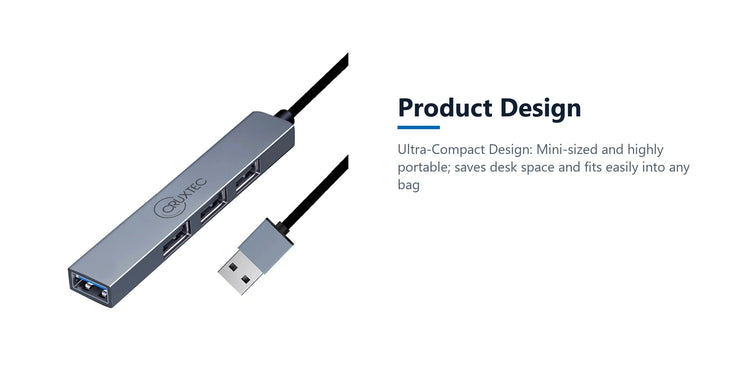 Cruxtec 4-Port High-Speed USB-A 3.0 Ultra-Slim Hub product design detail image with verified product information