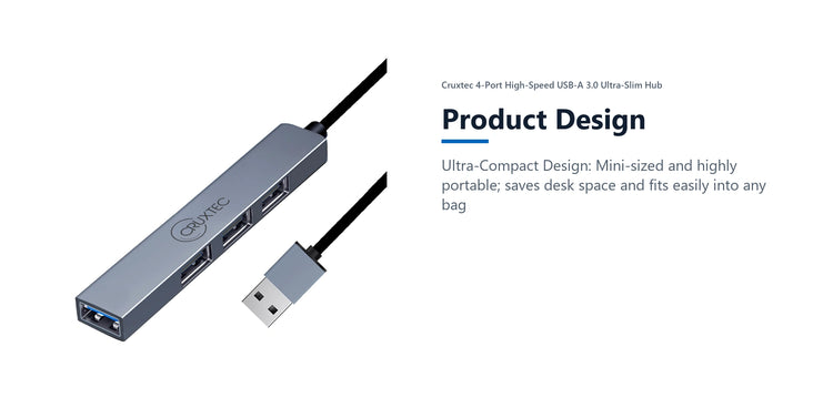 Cruxtec 4-Port High-Speed USB-A 3.0 Ultra-Slim Hub product design detail image with verified product information
