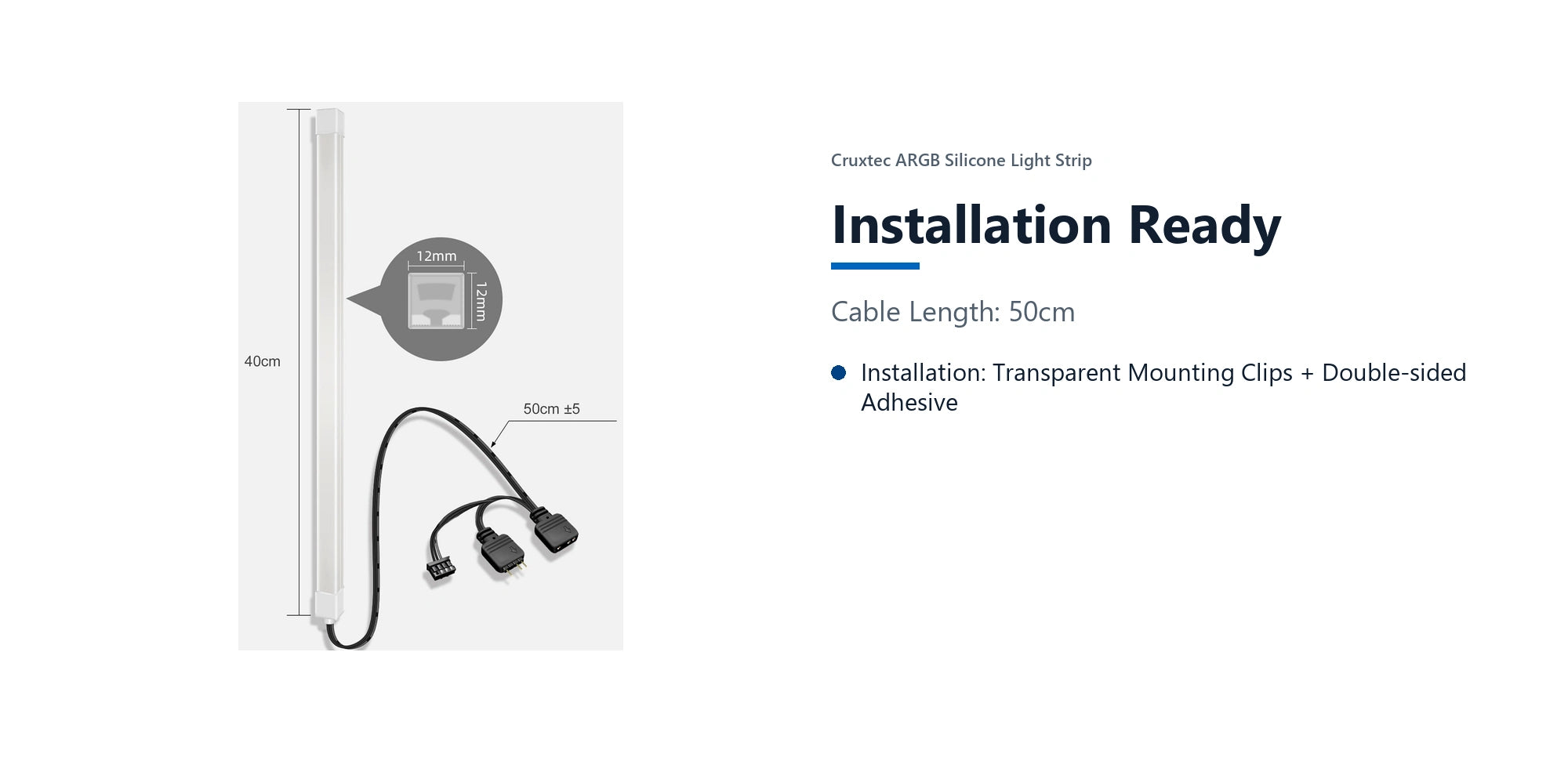 Cruxtec ARGB Silicone Light Strip ( Square Tube 40cm ) installation ready detail image with verified product information