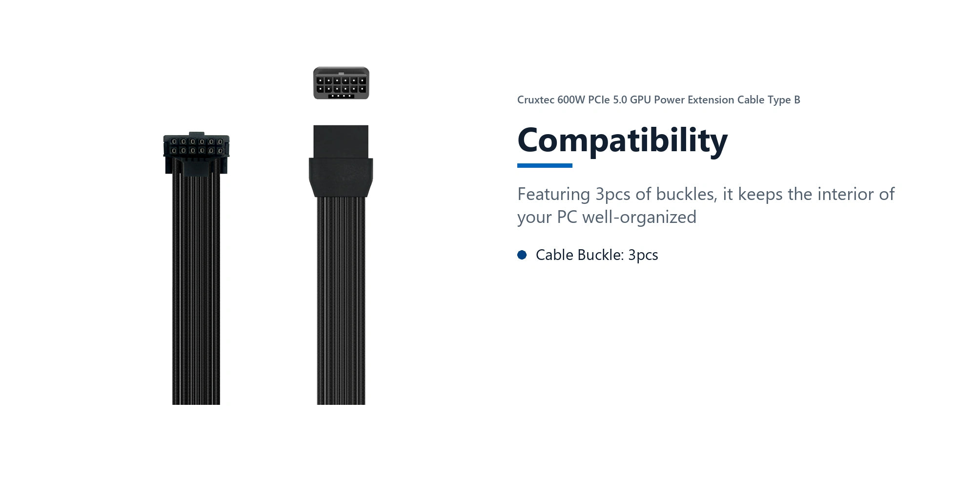 Cruxtec 600W PCIe 5.0 GPU Power Extension Cable Type B compatibility detail image with verified product information