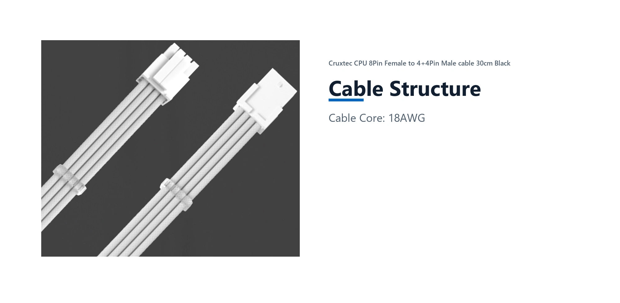 Cruxtec CPU 8Pin Female to 4+4Pin Male cable 30cm Black cable structure detail image with verified product information