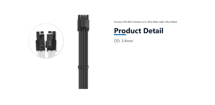 Cruxtec CPU 8Pin Female to 4+4Pin Male cable 30cm Black product detail detail image with verified product information