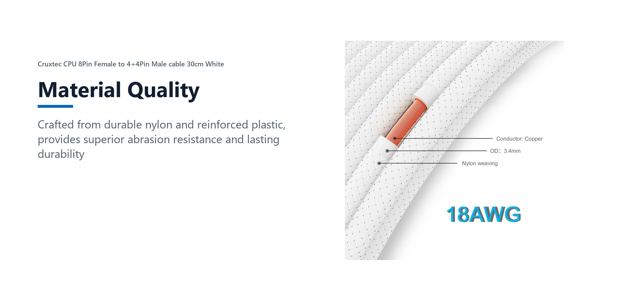 Cruxtec CPU 8Pin Female to 4+4Pin Male cable 30cm White material quality detail image with verified product information