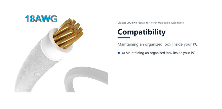 Cruxtec CPU 8Pin Female to 4+4Pin Male cable 30cm White compatibility detail image with verified product information
