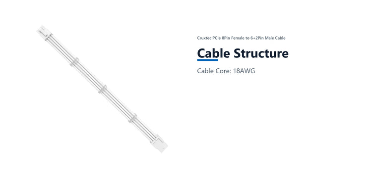 Cruxtec PCIe 8Pin Female to 6+2Pin Male Cable (Black 35cm) cable structure detail image with verified product information