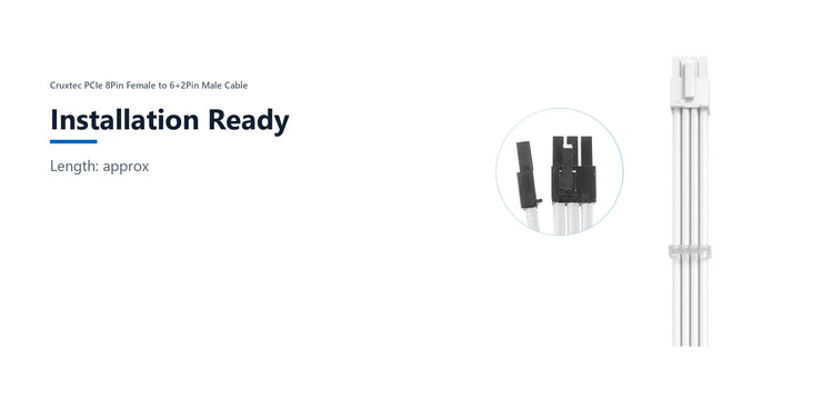 Cruxtec PCIe 8Pin Female to 6+2Pin Male Cable (Black 35cm) installation ready detail image with verified product information