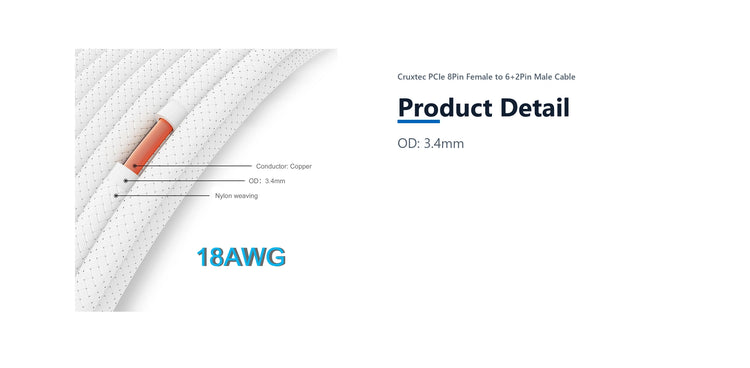 Cruxtec PCIe 8Pin Female to 6+2Pin Male Cable (White 35cm) product detail detail image with verified product information