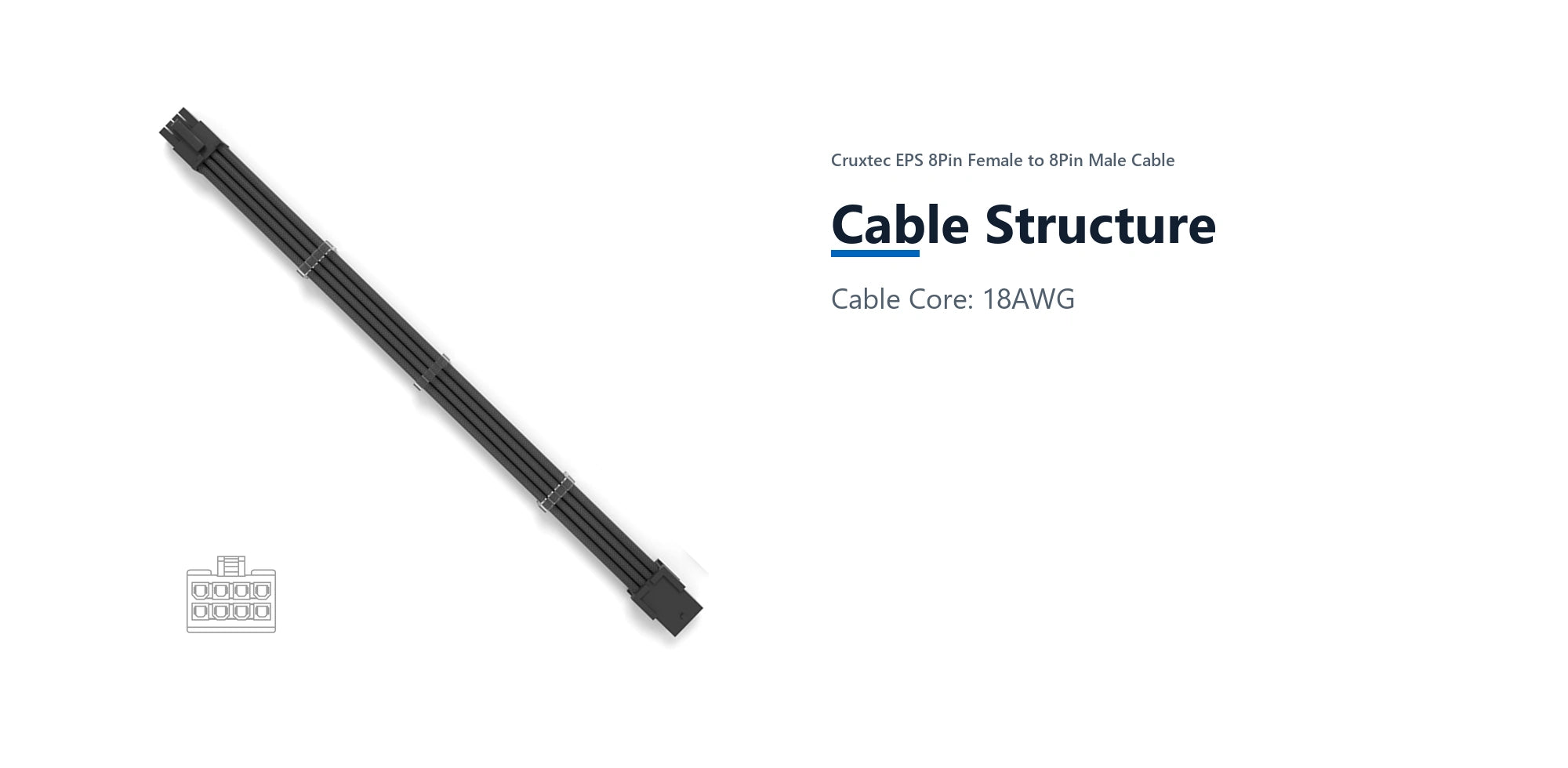 Cruxtec EPS 8Pin Female to 8Pin Male Cable (White 30cm) cable structure detail image with verified product information