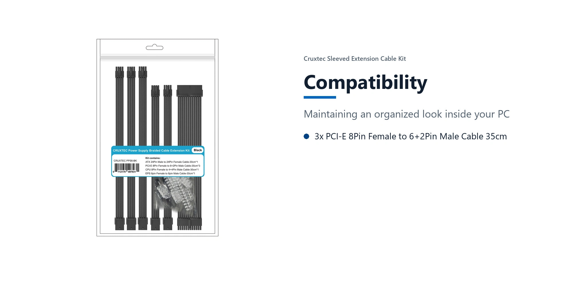 Cruxtec Sleeved Extension Cable Kit (Black 30cm) compatibility detail image with verified product information