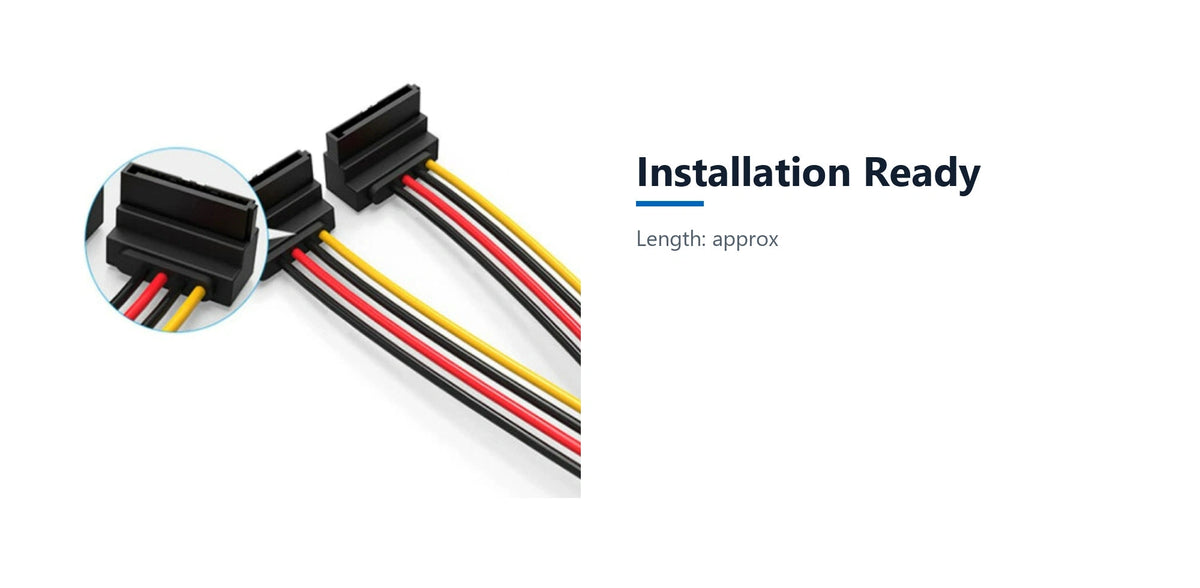 Cruxtec SATA Power Splitter Cable 15pin Male to 2 x 15pin Female 90° (20cm) installation ready detail image with verified product information